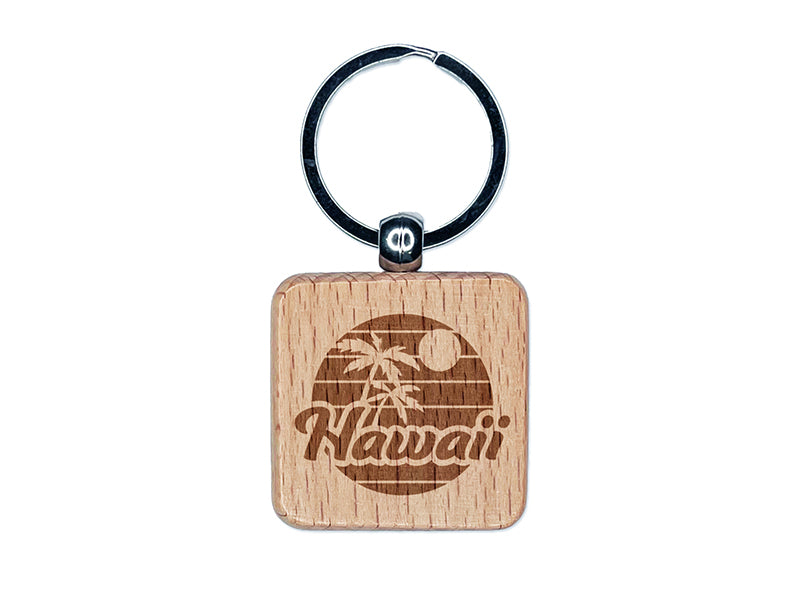 Hawaii Sunset Text with Palm Trees Engraved Wood Square Keychain Tag Charm