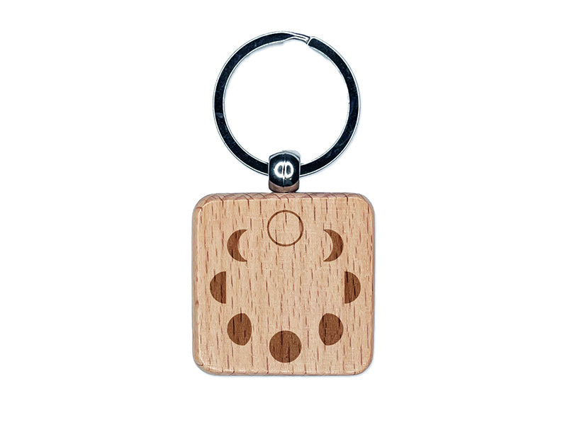 Moon Phases Circle Engraved Wood Square Keychain Tag Charm