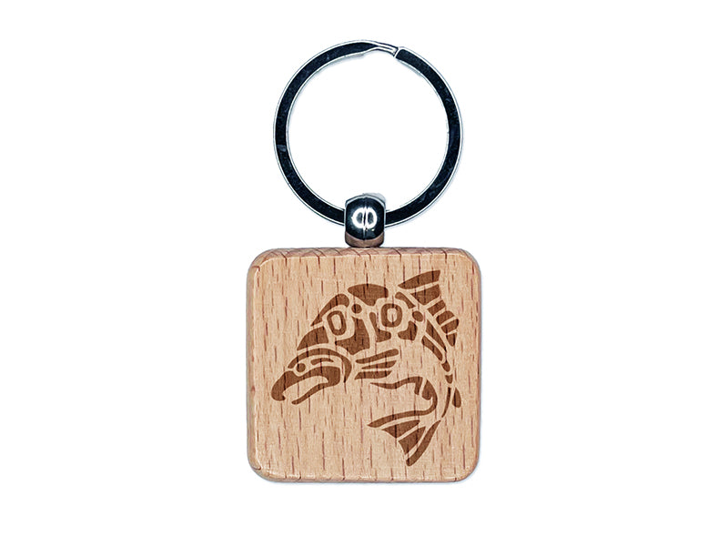 Native American Tlingit Salmon Indian Tribal Fish Engraved Wood Square Keychain Tag Charm