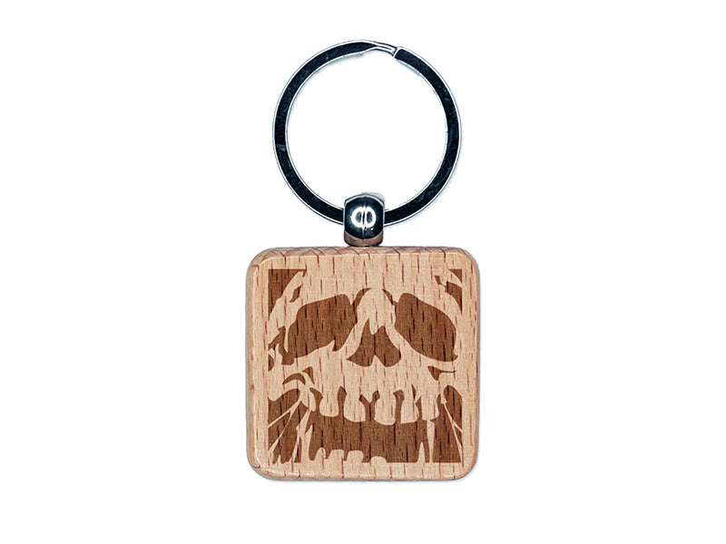 Negative Skull Spooky Bone Face Halloween Engraved Wood Square Keychain Tag Charm