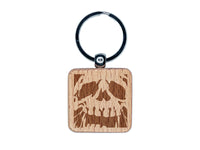 Negative Skull Spooky Bone Face Halloween Engraved Wood Square Keychain Tag Charm