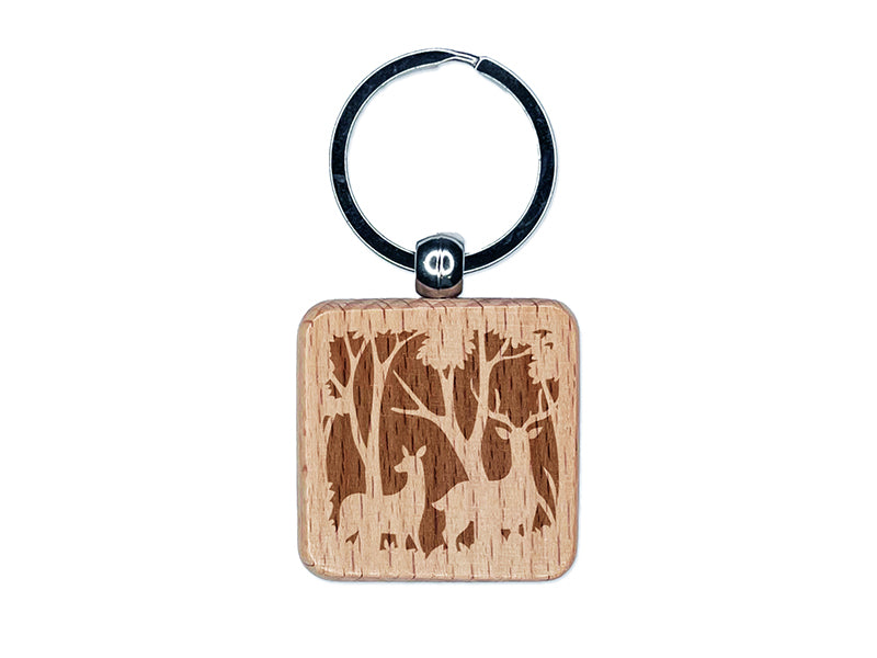 Pair of Deer Silhouette in Forest Engraved Wood Square Keychain Tag Charm