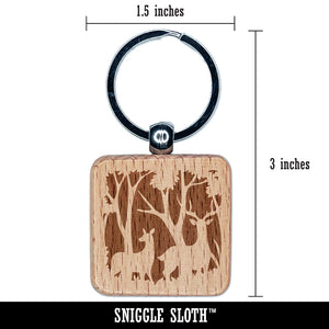 Pair of Deer Silhouette in Forest Engraved Wood Square Keychain Tag Charm