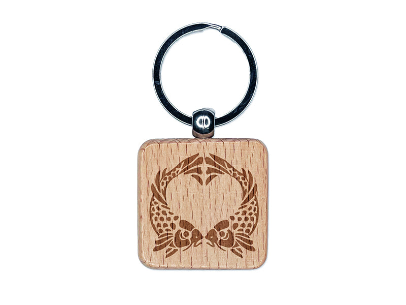 Pair of Fish Love Heart Valentine's Day Engraved Wood Square Keychain Tag Charm