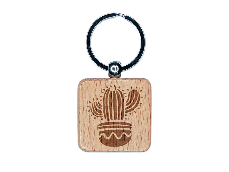 Potted Saguaro Cactus Succulent Plant Engraved Wood Square Keychain Tag Charm