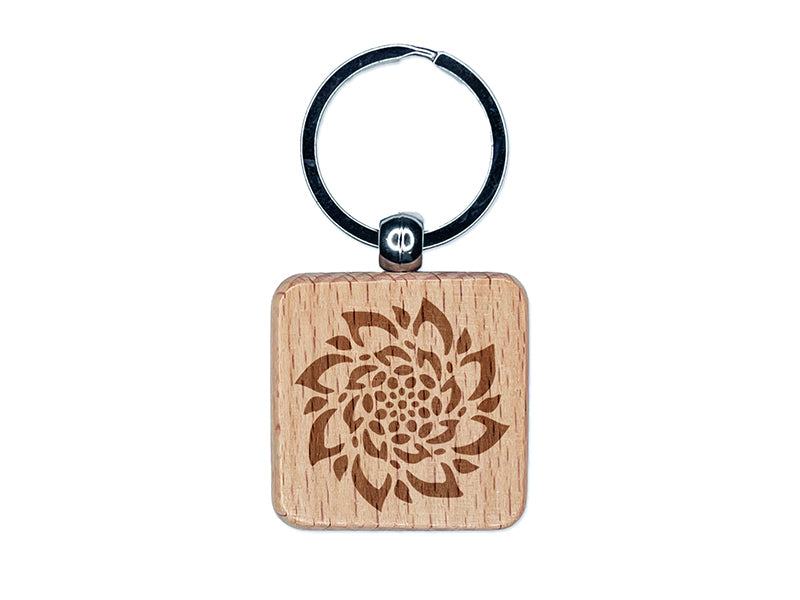 Radial Succulent Flower Spiral Engraved Wood Square Keychain Tag Charm