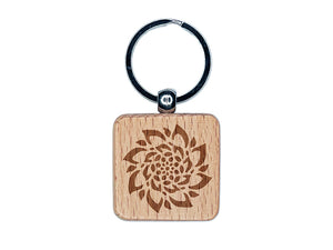 Radial Succulent Flower Spiral Engraved Wood Square Keychain Tag Charm