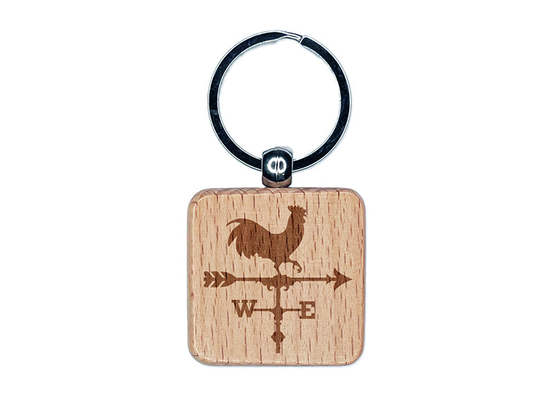 Rooster Chicken Weathervane Engraved Wood Square Keychain Tag Charm