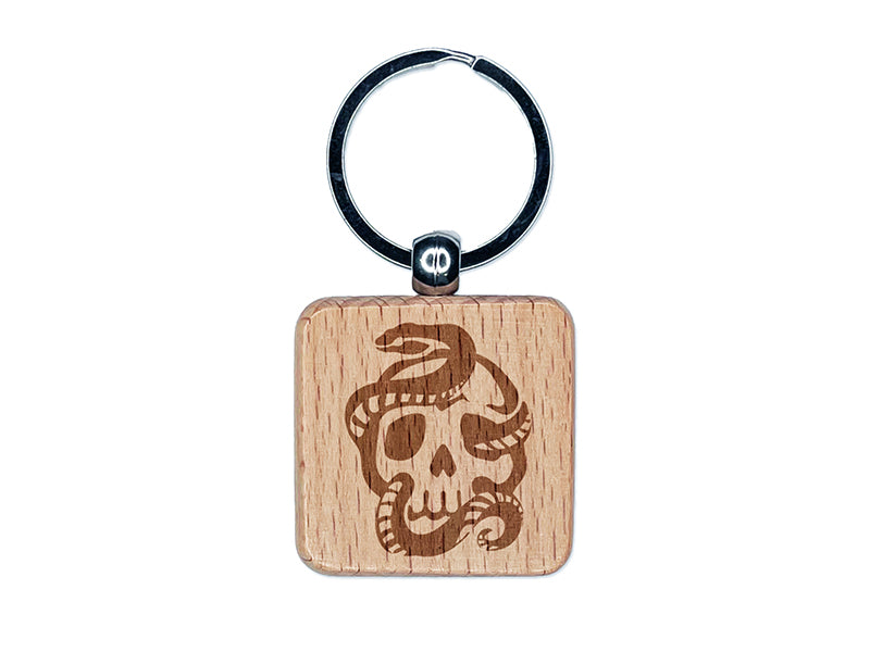 Sinister Skull with Snake Serpent Engraved Wood Square Keychain Tag Charm