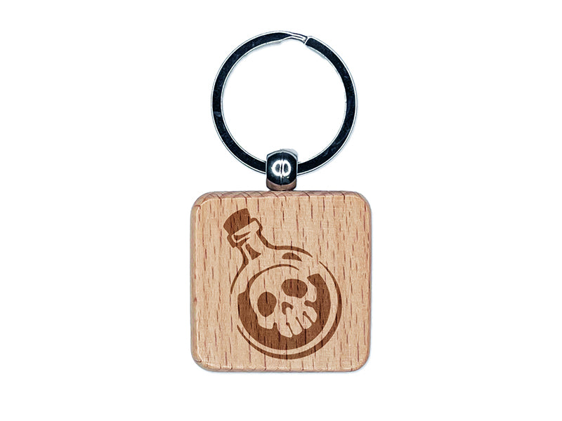 Skull Poison Potion Bottle Engraved Wood Square Keychain Tag Charm