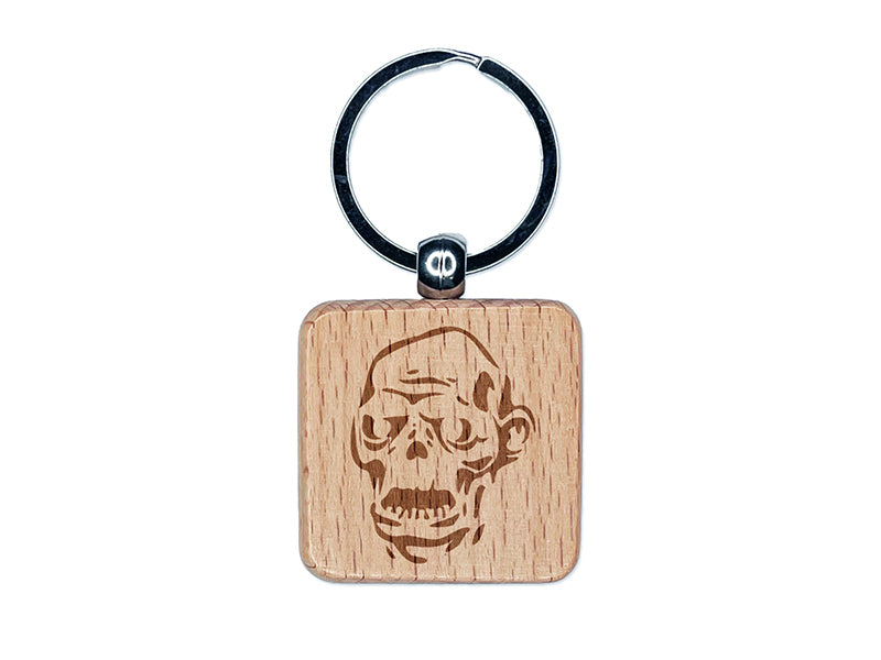 Spooky Zombie Head Halloween Monster Engraved Wood Square Keychain Tag Charm