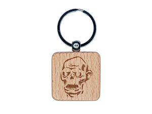 Spooky Zombie Head Halloween Monster Engraved Wood Square Keychain Tag Charm