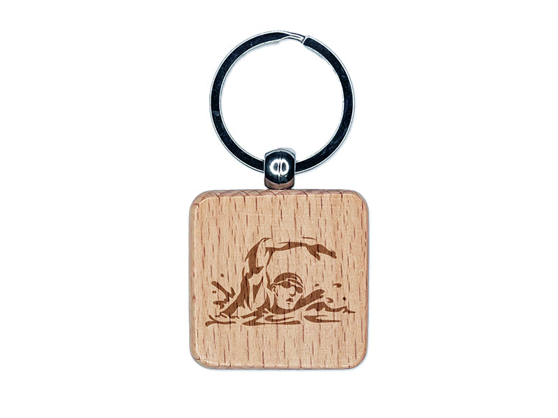Swimmer Swimming Freestyle Taking Breath Engraved Wood Square Keychain Tag Charm