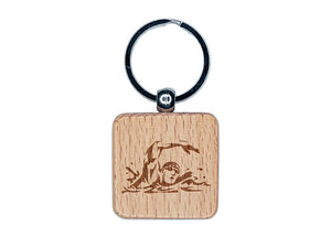 Swimmer Swimming Freestyle Taking Breath Engraved Wood Square Keychain Tag Charm