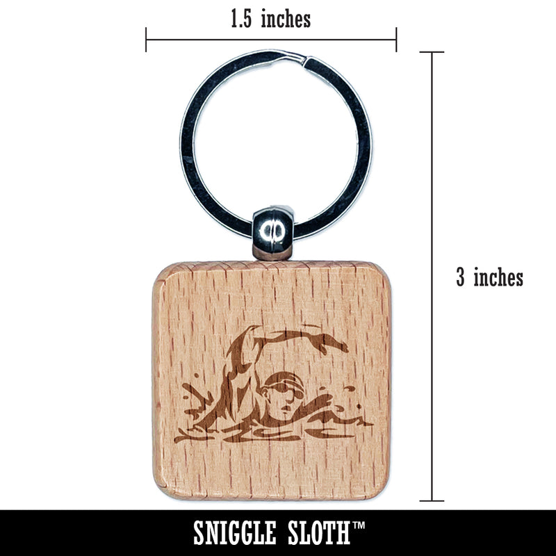 Swimmer Swimming Freestyle Taking Breath Engraved Wood Square Keychain Tag Charm