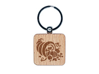 Thanksgiving Holiday Harvest Cornucopia with Apples and Pumpkins Engraved Wood Square Keychain Tag Charm