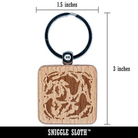 Whirlpool of Ocean Sharks and Fish Engraved Wood Square Keychain Tag Charm