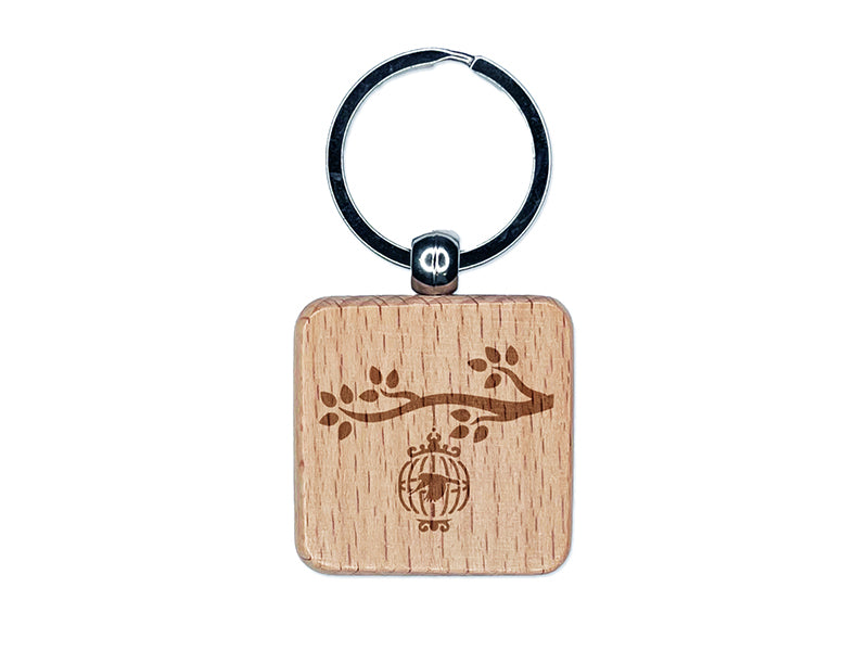 Bird Cage on Tree Branch Engraved Wood Square Keychain Tag Charm