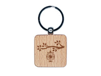 Bird Cage on Tree Branch Engraved Wood Square Keychain Tag Charm