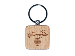 Bird Cage on Tree Branch Engraved Wood Square Keychain Tag Charm