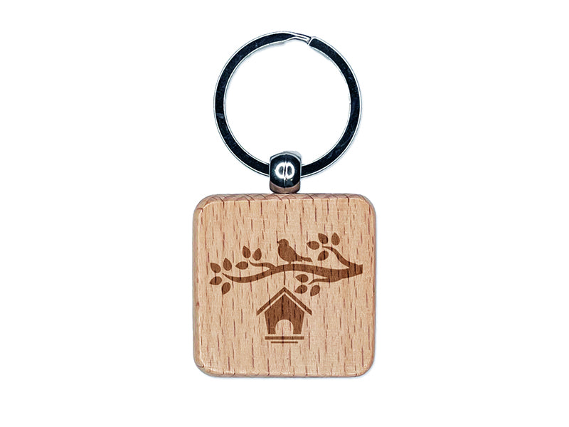 Bird House on Tree Branch Engraved Wood Square Keychain Tag Charm