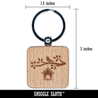 Bird House on Tree Branch Engraved Wood Square Keychain Tag Charm