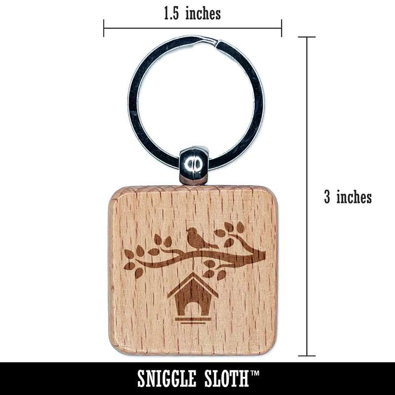 Bird House on Tree Branch Engraved Wood Square Keychain Tag Charm