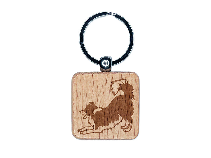 Border Collie Dog Play Bow Engraved Wood Square Keychain Tag Charm
