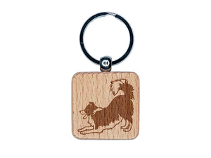 Border Collie Dog Play Bow Engraved Wood Square Keychain Tag Charm