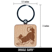 Border Collie Dog Play Bow Engraved Wood Square Keychain Tag Charm