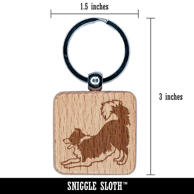 Border Collie Dog Play Bow Engraved Wood Square Keychain Tag Charm