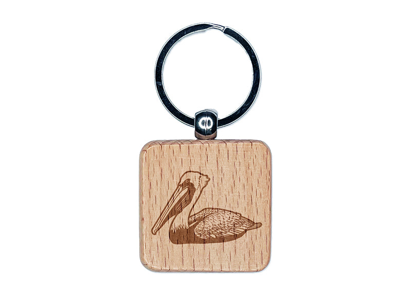 Brown Pelican Engraved Wood Square Keychain Tag Charm