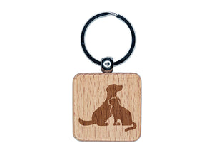 Cat and Dog Sitting Together Pet Engraved Wood Square Keychain Tag Charm