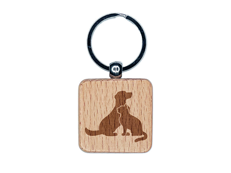 Cat and Dog Sitting Together Pet Engraved Wood Square Keychain Tag Charm