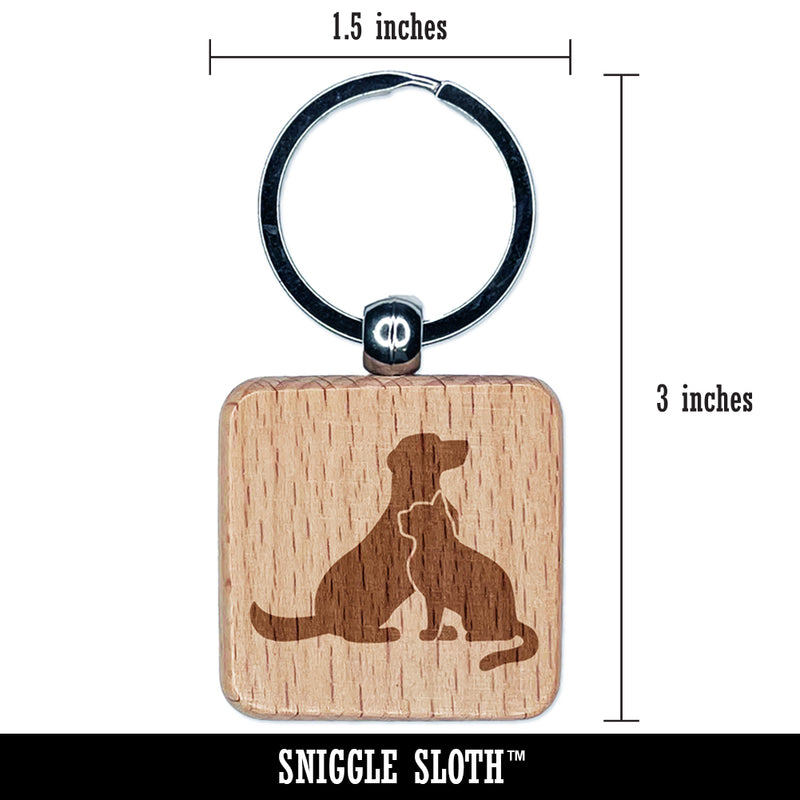 Cat and Dog Sitting Together Pet Engraved Wood Square Keychain Tag Charm