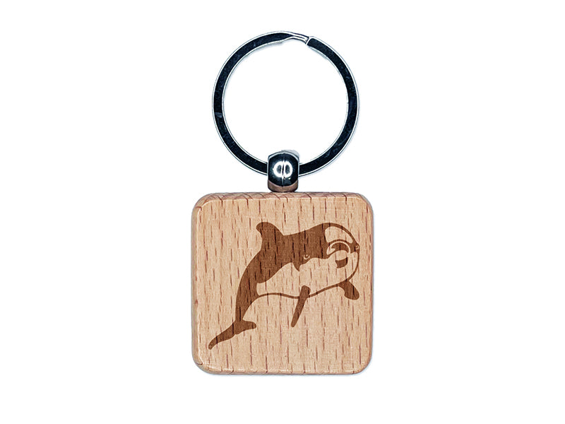 Curious Dolphin Engraved Wood Square Keychain Tag Charm