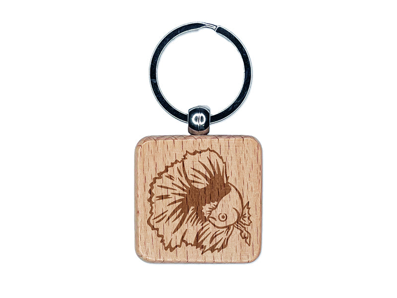 Fancy Betta Fish Engraved Wood Square Keychain Tag Charm