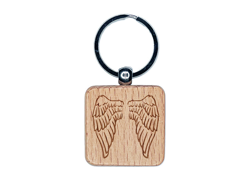 Folded Angel Wings Feathers Engraved Wood Square Keychain Tag Charm