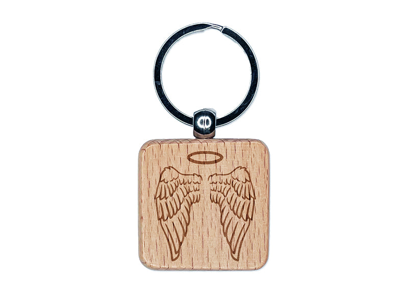 Folded Angel Wings with Halo Feathers Engraved Wood Square Keychain Tag Charm
