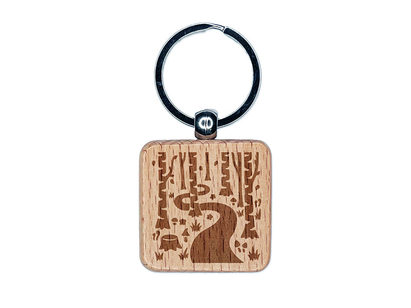Forest Trail Birch Trees and Mushrooms Engraved Wood Square Keychain Tag Charm