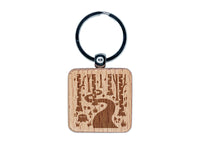 Forest Trail Birch Trees and Mushrooms Engraved Wood Square Keychain Tag Charm