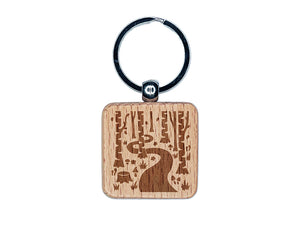 Forest Trail Birch Trees and Mushrooms Engraved Wood Square Keychain Tag Charm