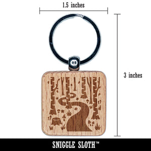 Forest Trail Birch Trees and Mushrooms Engraved Wood Square Keychain Tag Charm