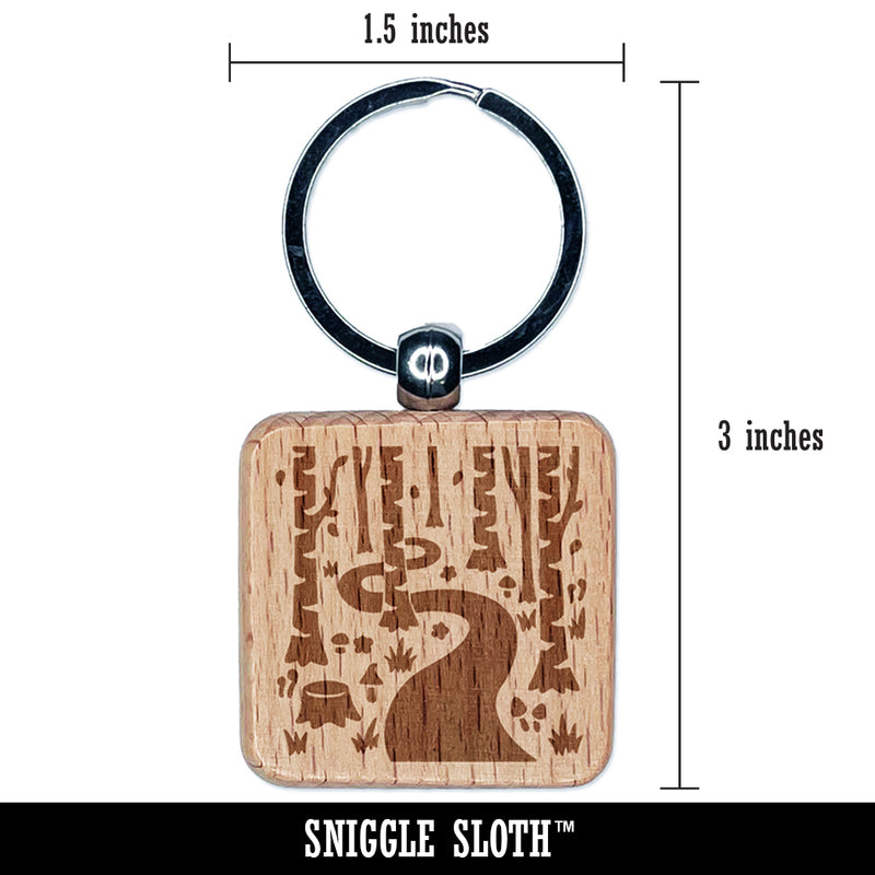 Forest Trail Birch Trees and Mushrooms Engraved Wood Square Keychain Tag Charm