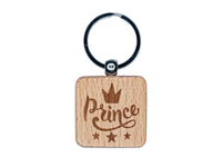 Prince Cursive with Crown and Stars Engraved Wood Square Keychain Tag Charm