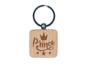 Prince Cursive with Crown and Stars Engraved Wood Square Keychain Tag Charm
