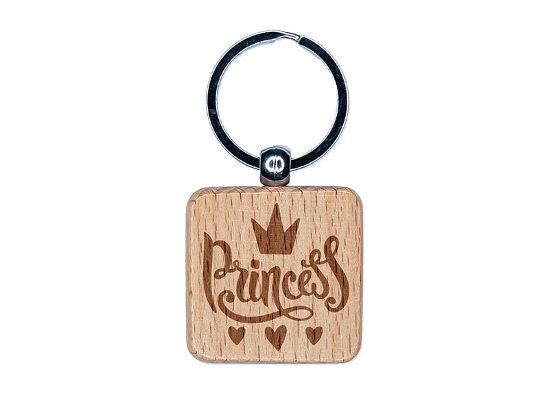 Princess Cursive with Crown and Hearts Engraved Wood Square Keychain Tag Charm