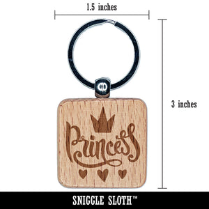 Princess Cursive with Crown and Hearts Engraved Wood Square Keychain Tag Charm