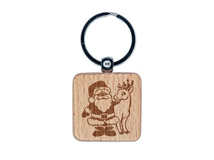 Santa Claus Standing with Reindeer Christmas Engraved Wood Square Keychain Tag Charm