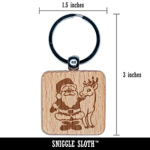 Santa Claus Standing with Reindeer Christmas Engraved Wood Square Keychain Tag Charm